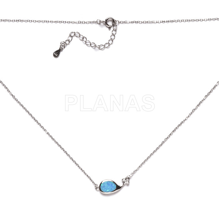 Rhodium plated sterling silver and opal necklace. whale.