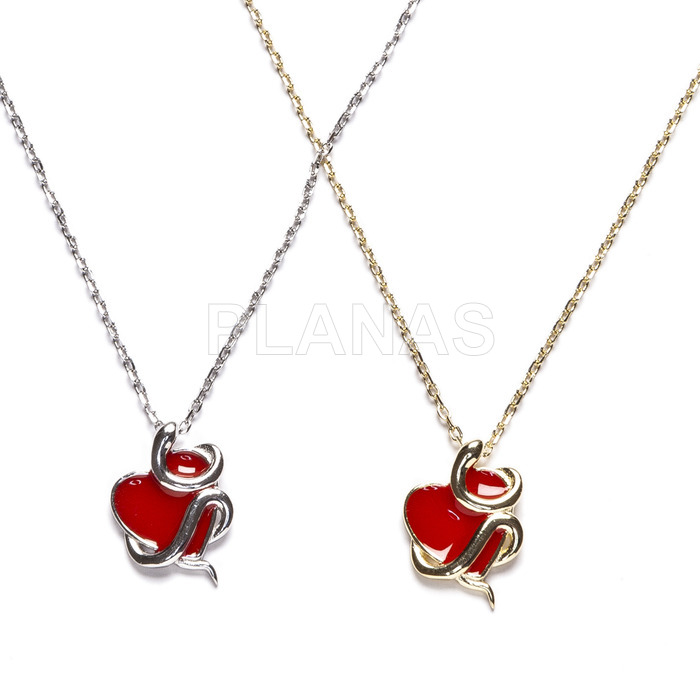 Rhodium-plated sterling silver and red enamel necklace. heart.
