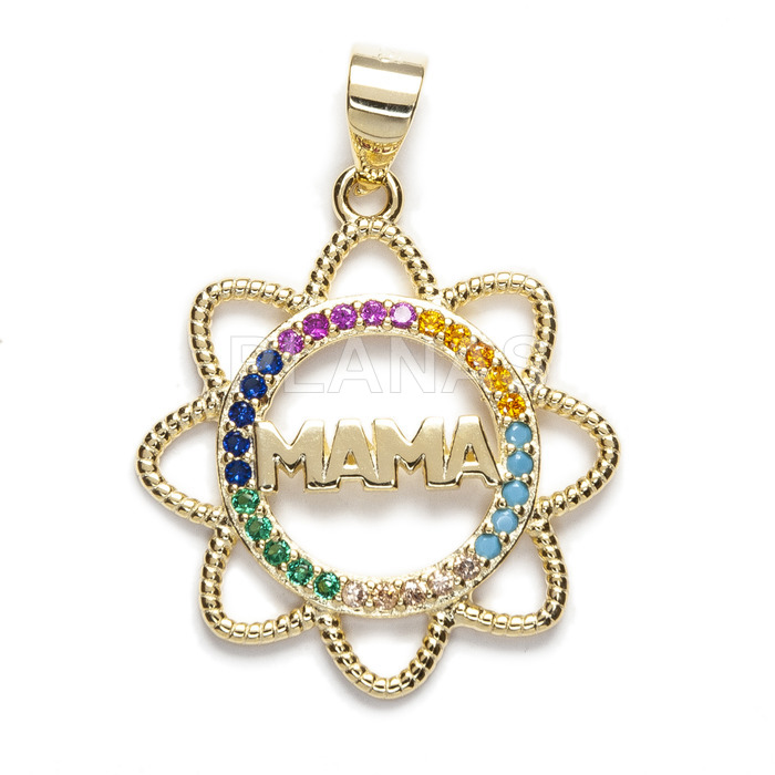 Pingente para mamãe em prata de lei banhada a ródio e zircônias coloridas.