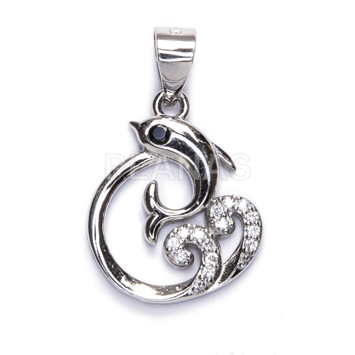 Rhodium plated sterling silver and zirconia pendant. dolphin.