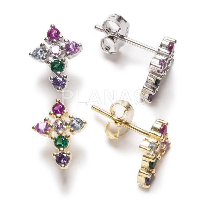 Rhodium-plated sterling silver earrings and colored zircons. cross.