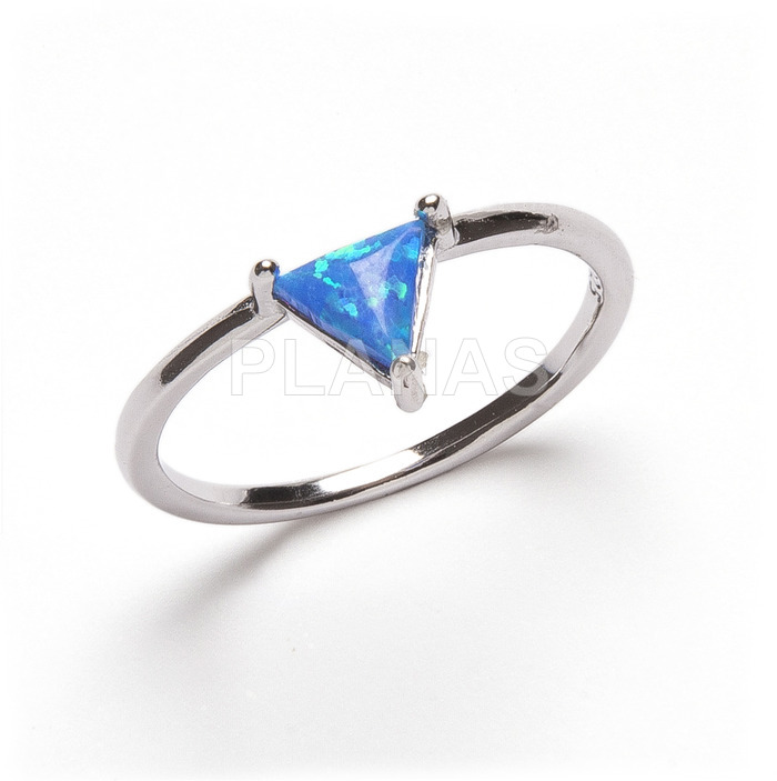 Rhodium plated sterling silver ring. blue opal.