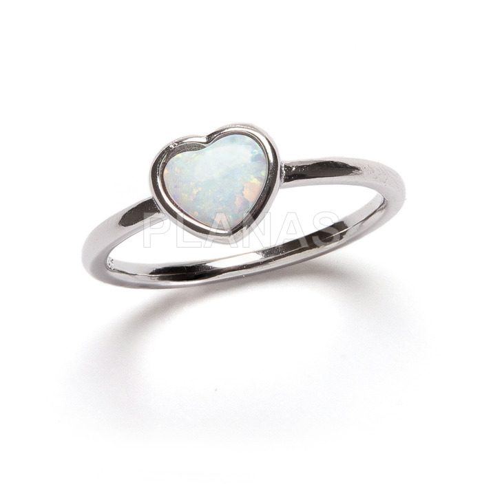 Ring in rhodium-plated sterling silver and opal. heart.