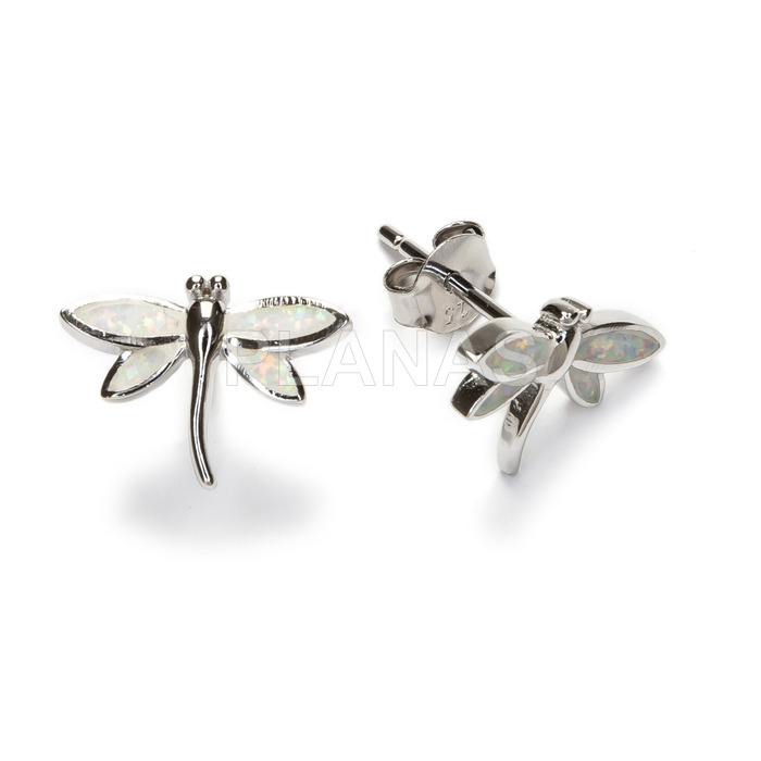 Rhodium-plated sterling silver and opal earrings. dragon-fly.