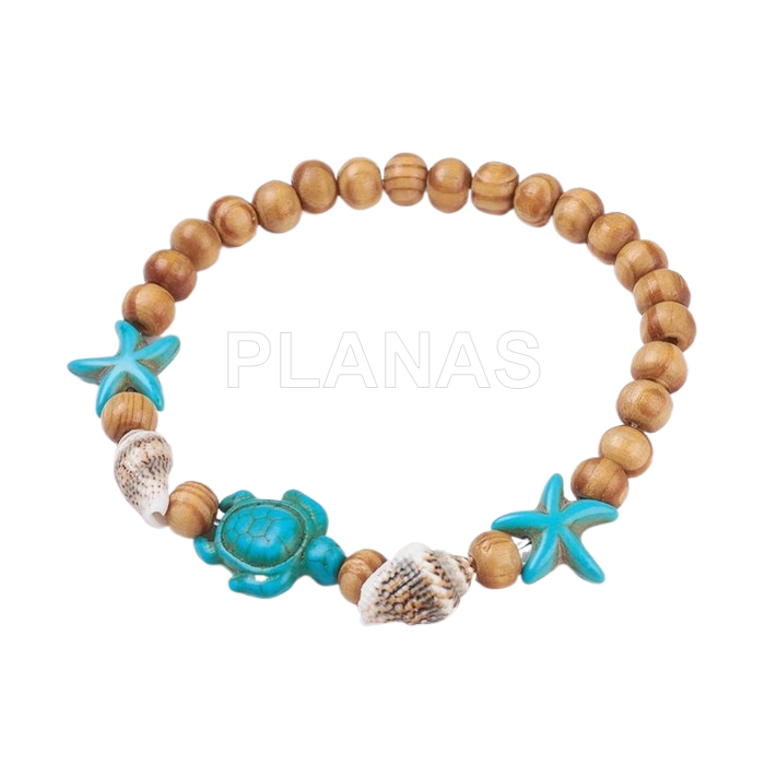 Elastic bracelet in wood and synthetic turquoise. turtle and sea star.