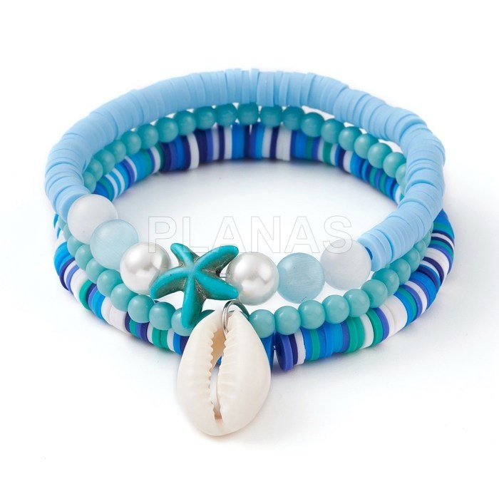 3 elastic bracelets with clay, shell and aquamarine balls.