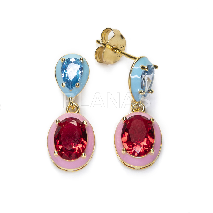 Earrings in sterling silver and gold bath with enamel and zirconia.