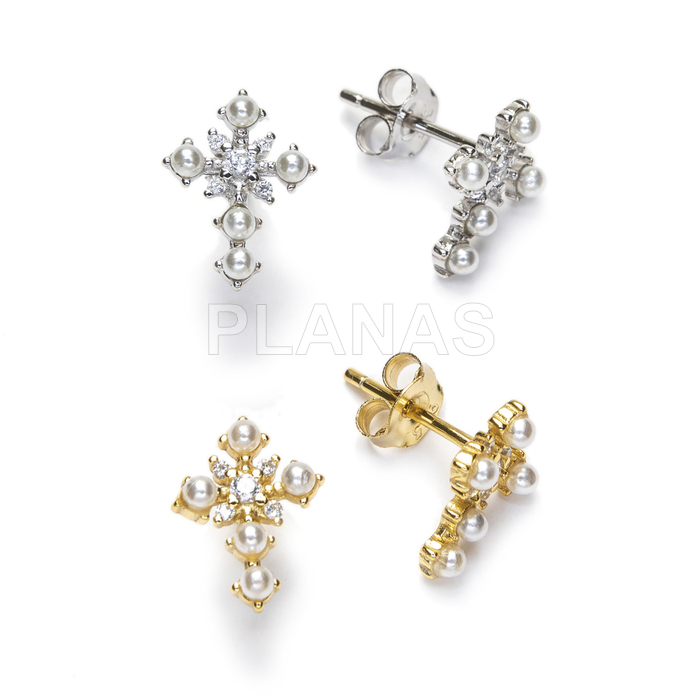 Rhodium plated sterling silver earrings with pearls and white zircons. cross.