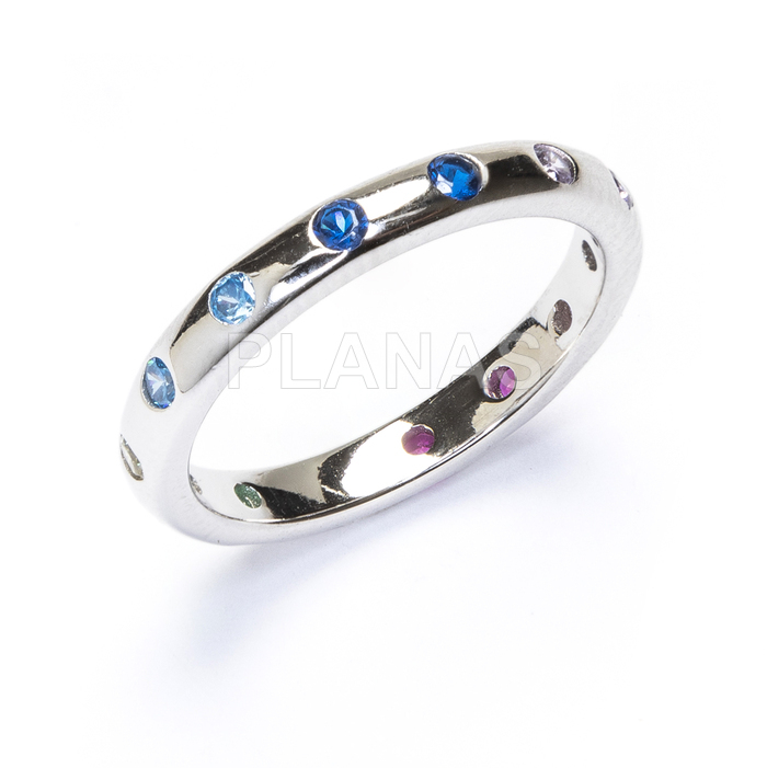 Ring in rhodium-plated sterling silver and colored zircons.
