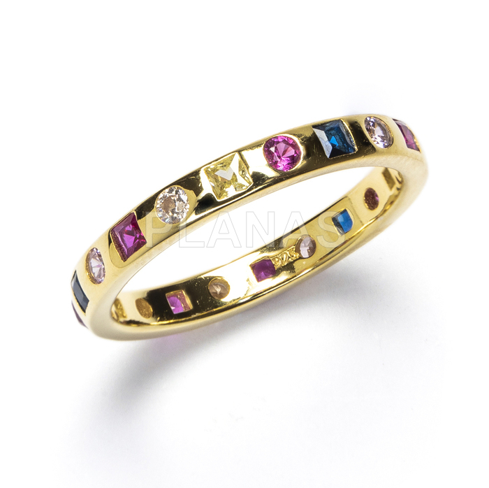 Gold plated sterling silver ring with 1 micron and fuchsia zircons.