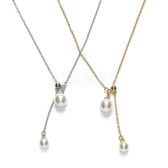 Rhodium-plated sterling silver and shell pearls necklace.