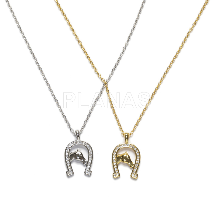 Rhodium plated sterling silver and zirconia necklace. horseshoe.