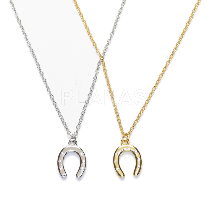 Rhodium plated sterling silver and zirconia necklace. horseshoe.