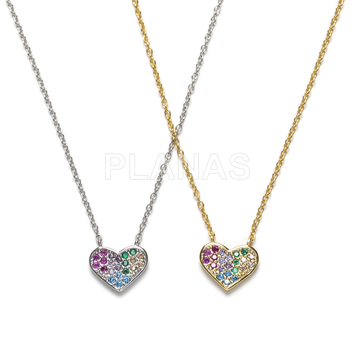Necklace in rhodium-plated sterling silver and colored zircons. heart.
