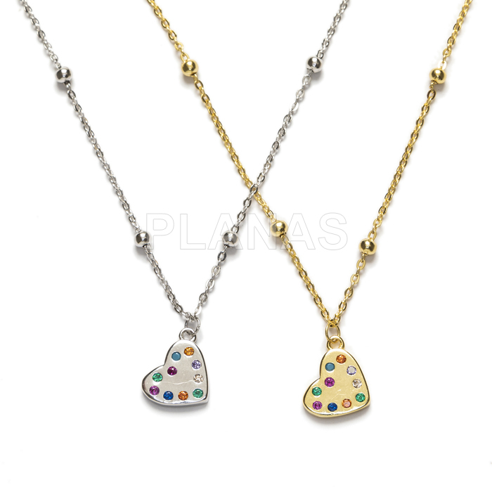 Necklace in rhodium-plated sterling silver and colored zircons. heart.