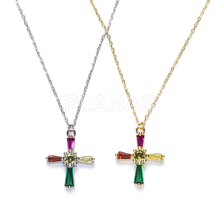 Necklace in rhodium-plated sterling silver and colored zircons. cross.