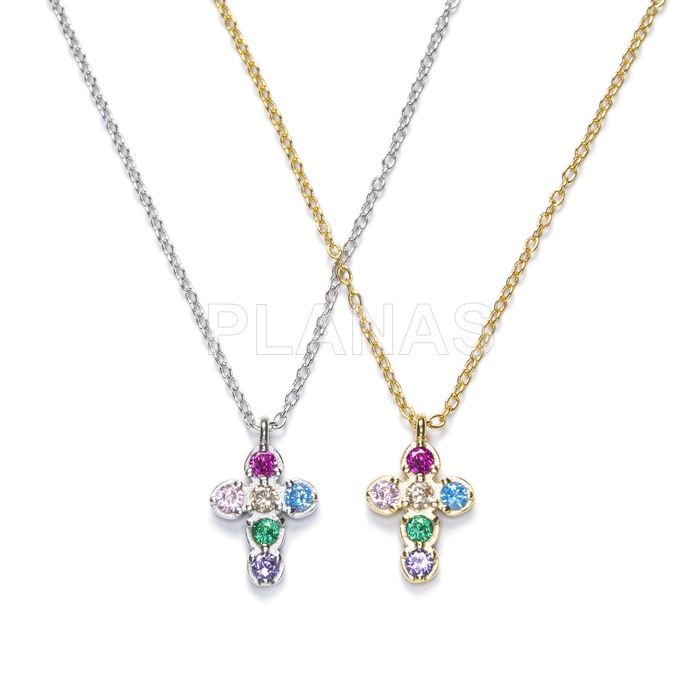 Necklace in rhodium-plated sterling silver and colored zircons. cross.