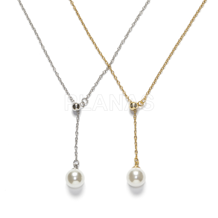 Rhodium-plated sterling silver and shell pearl necklace.