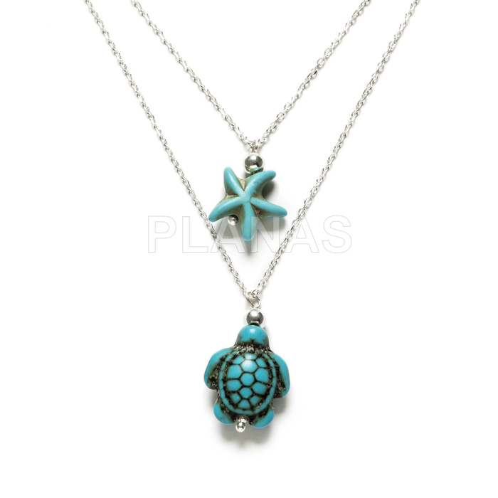 Double sterling silver chain in two sizes with synthetic turquoise beads. turtle and sea star.