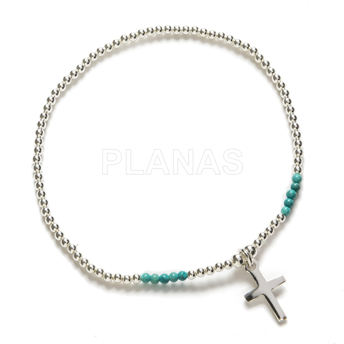 Elastic sterling silver and turquoise bracelet. cross.