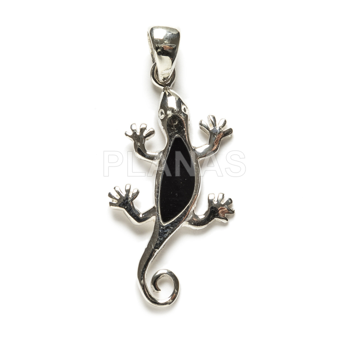 Pendant in sterling silver and black enamel. lizard.