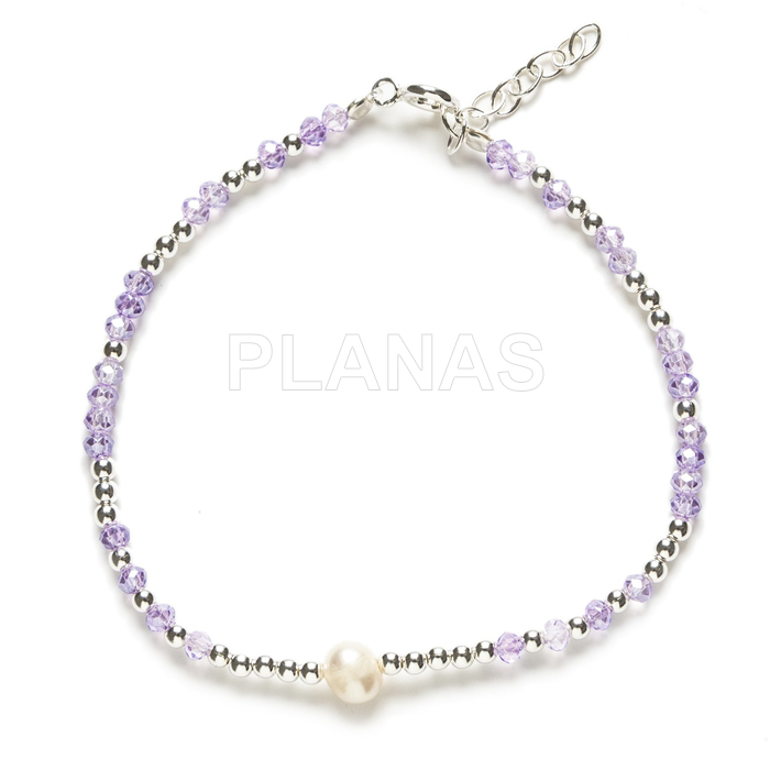 Bracelet in sterling silver and crystal, violet color and cultured pearl.