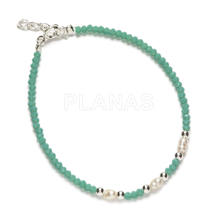Bracelet en argent sterling et perles de rocaille vert piscine avec perles de culture.