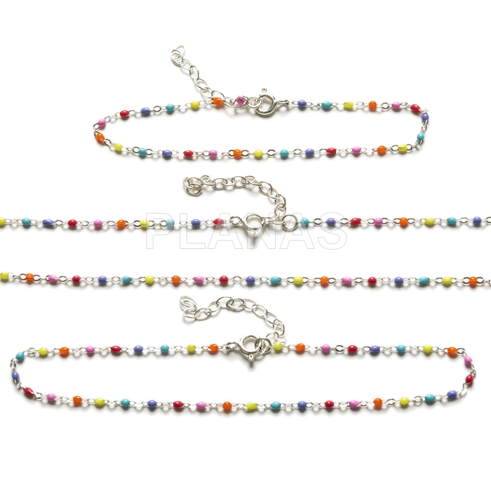 Necklace, bracelet and anklet in sterling silver and enameled balls.