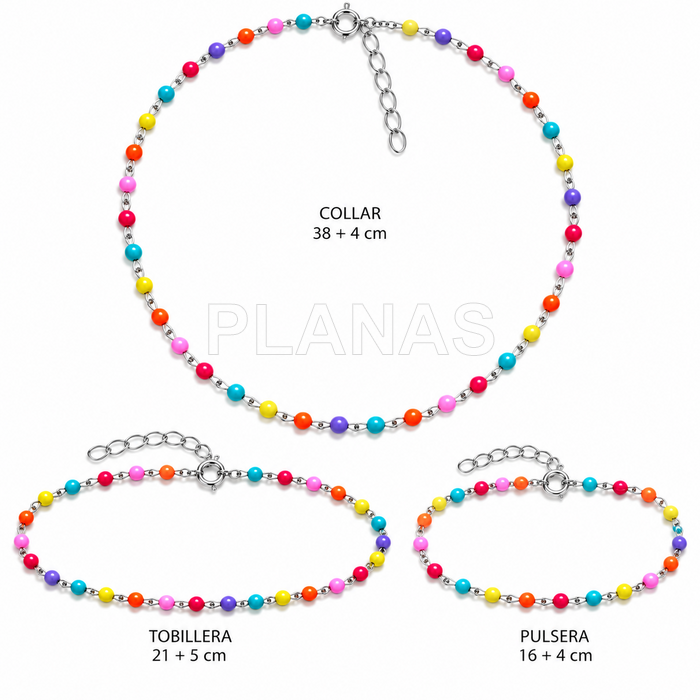 Collar, Pulsera y Tobillera en Plata de Ley y bolitas esmaltadas. 