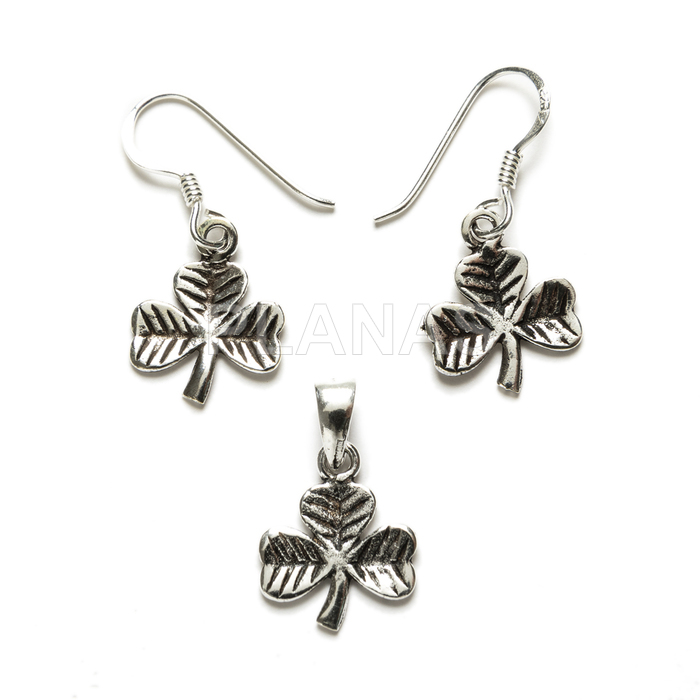 Earrings and pendant in sterling silver. clover.