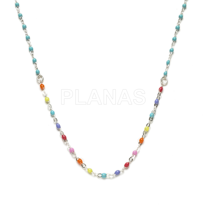 Necklace in sterling silver and colored and turquoise enamel balls.