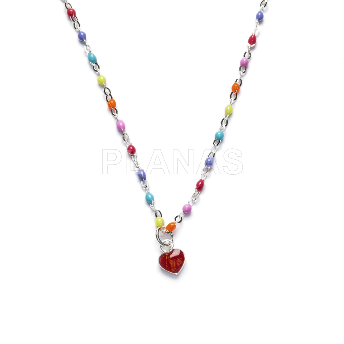 Necklace in sterling silver and colored enamel balls. heart.