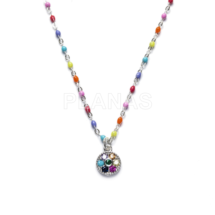 Sterling silver necklace and colored enamel balls with colored zircons pendant.