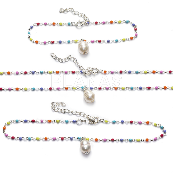 Necklace, bracelet and anklet in sterling silver with enameled balls and cultured pearl.