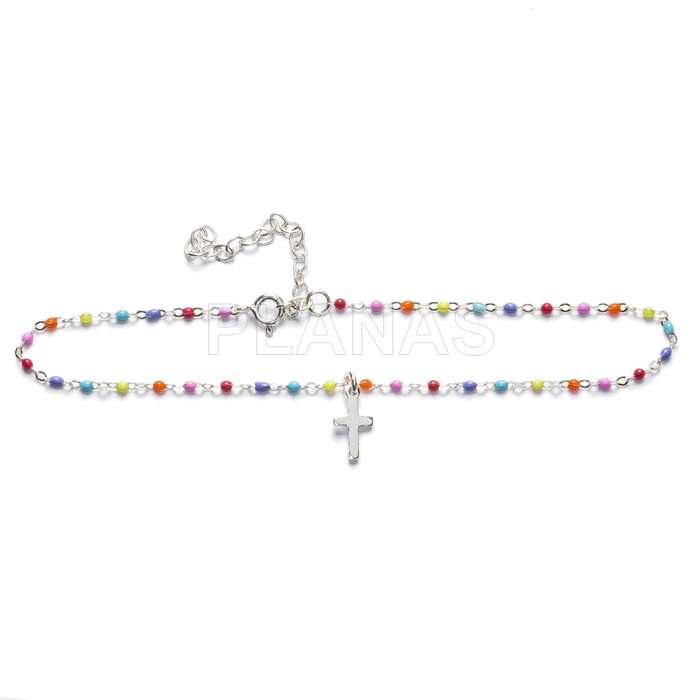 Anklet in sterling silver with enamelled balls. cross.