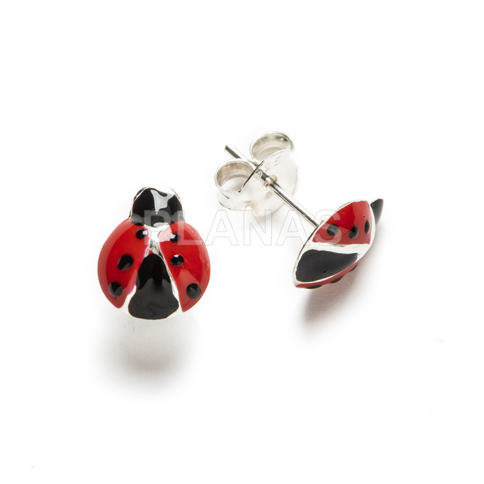 Sterling silver and enamel earrings. ladybug.