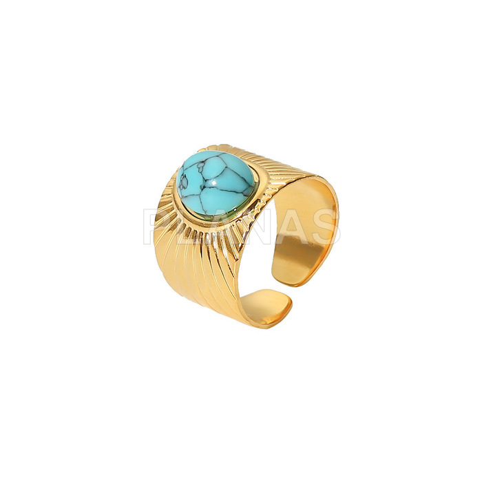 Anillo en Acero Inoxidable y Baño Oro con Turquesa.  