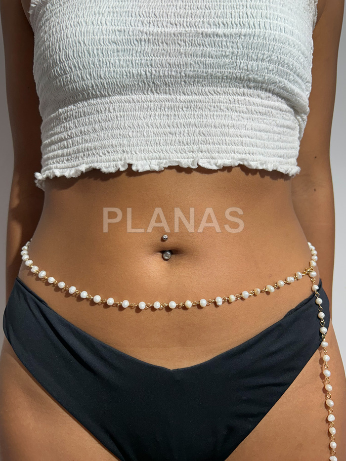 Cadena para la cintura en Acero Inoxidable y Baño de Oro con perlas Cultivadas.