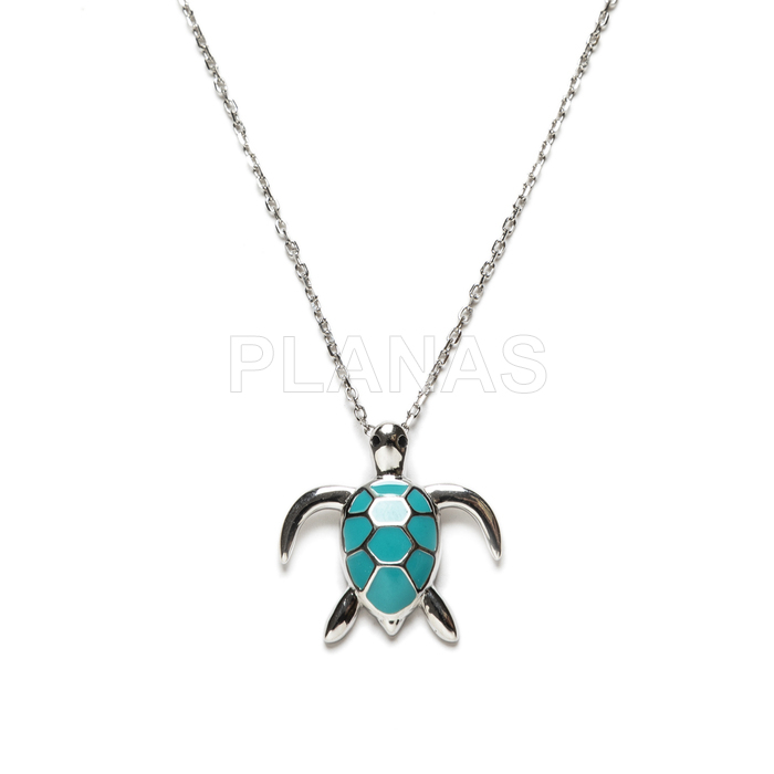 Rhodium-plated sterling silver necklace with turquoise enamel. tortoise.