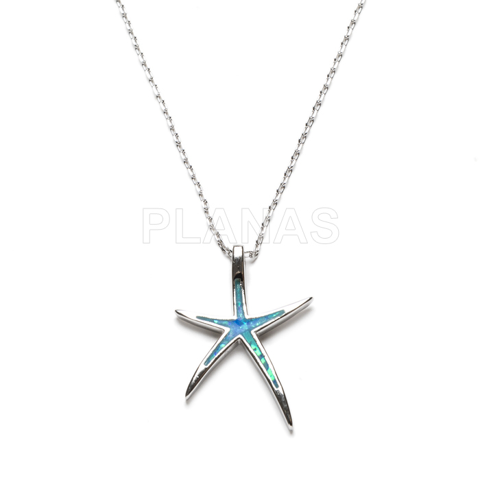 Rhodium plated sterling silver necklace with opal. starfish.