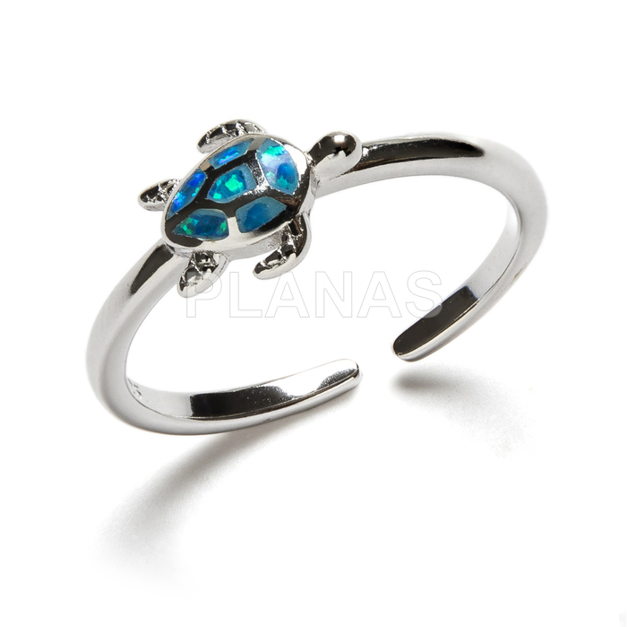 Ring in rhodium-plated sterling silver and opal. tortoise.