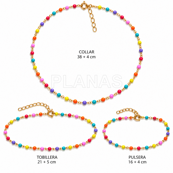 Colar, pulseira e tornozeleira em prata de lei e banhado a ouro com bolas esmaltadas.