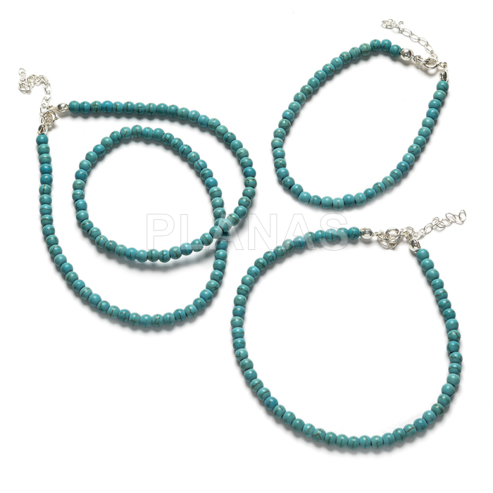 Necklace, bracelet and anklet in sterling silver and 4mm turquoise.