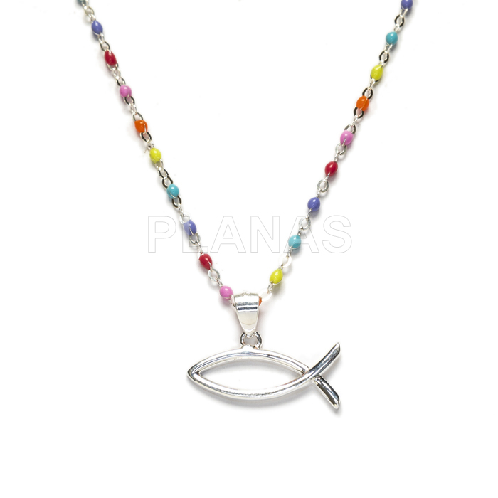 Necklace in sterling silver and colored enamel balls. fish.