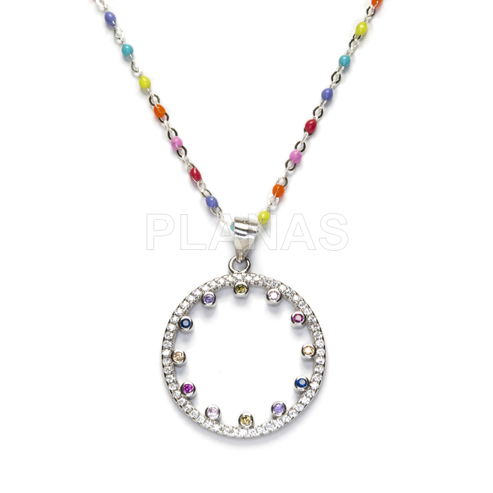 Necklace in sterling silver and colored enamel balls and zircons.