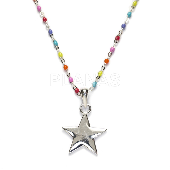 Necklace in sterling silver and colored enamel balls. star.