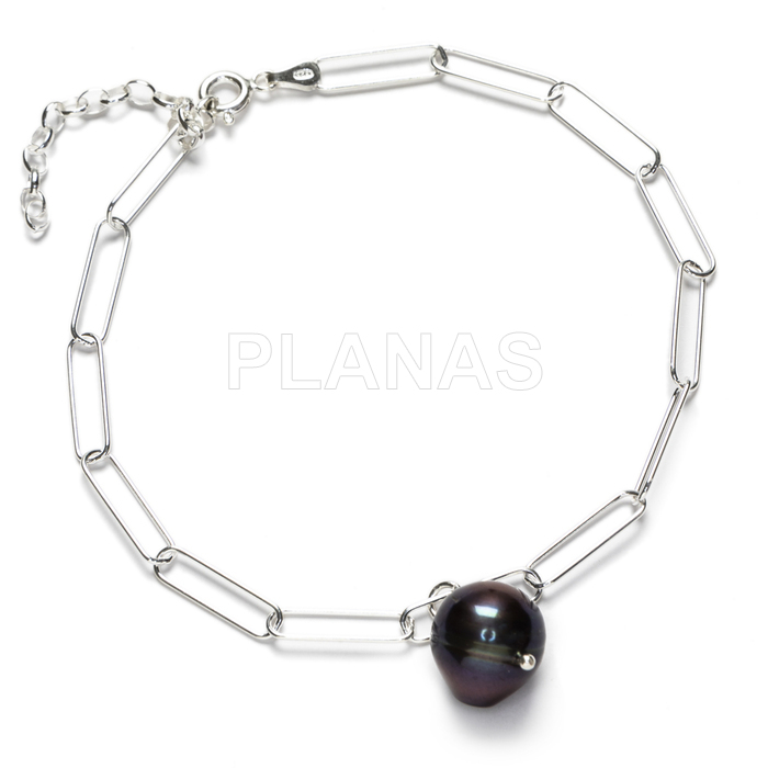 Sterling silver anklet with 11mm black cultured pearl.