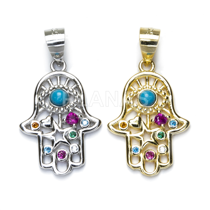 Pendant in rhodium-plated sterling silver and colored zircons.hand of fatima.