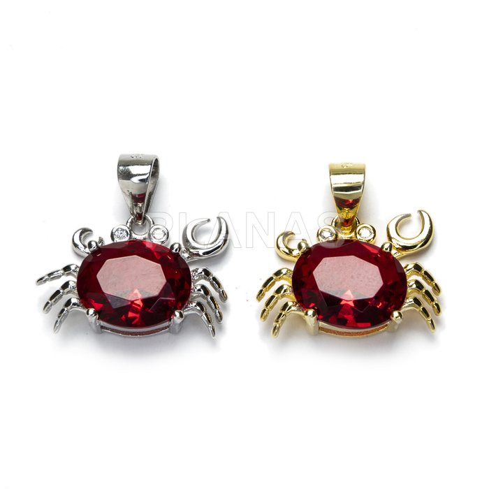 Pendant in rhodium-plated sterling silver and red zircon. crab.