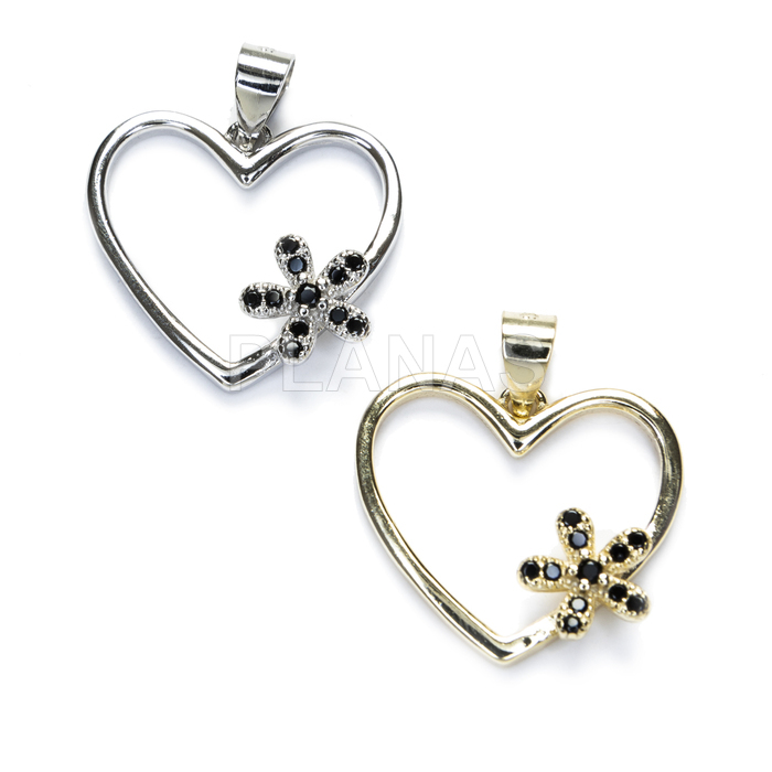 Pendant in rhodium-plated sterling silver and black zircons. heart.